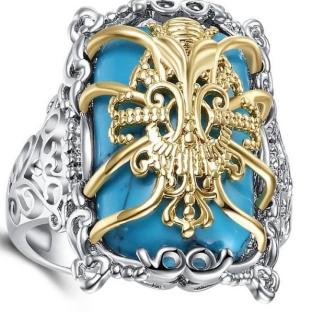 Large Intricate Spider Metal Work Over Turquoise Ring Unsigned Stamped 925